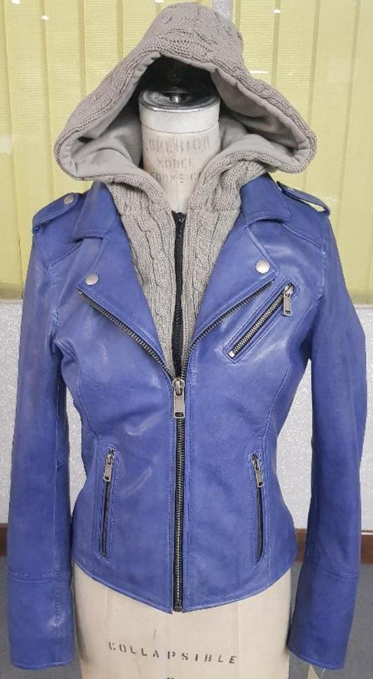 Handmade Hooded Leather Biker Jacket: Sweater Knit, Hand-Treated Lambskin