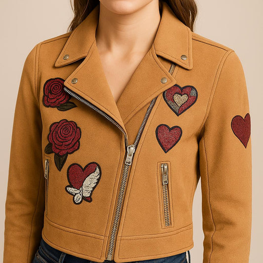 Customizable Womens Embroidered PatchesSheep Skin Leather Jacket Solid Pattern Autumn Biker Fashion Size 3XL