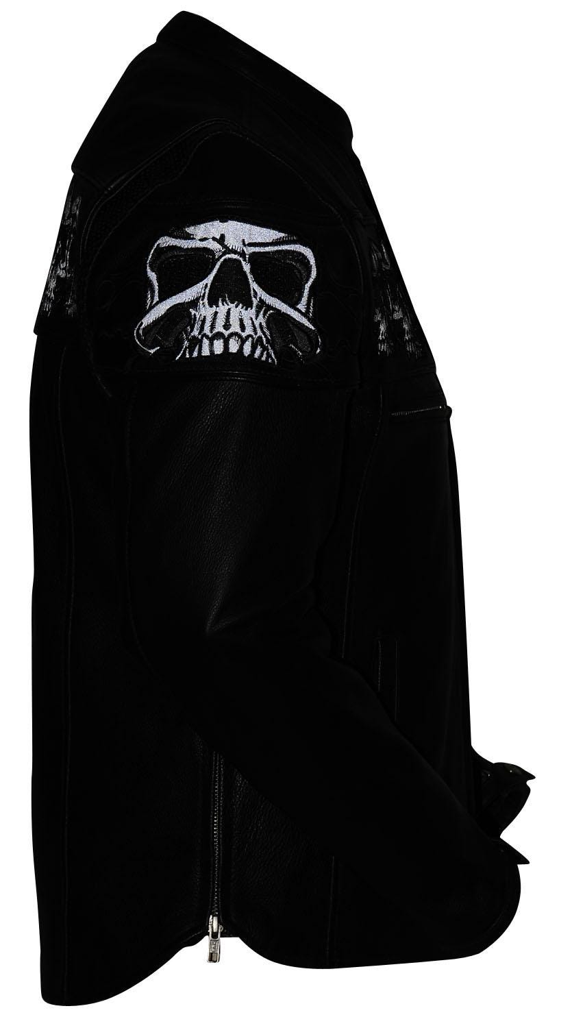 Leather Motorcycle Jacket: Reflective Skull Embroidery, Removable Liner