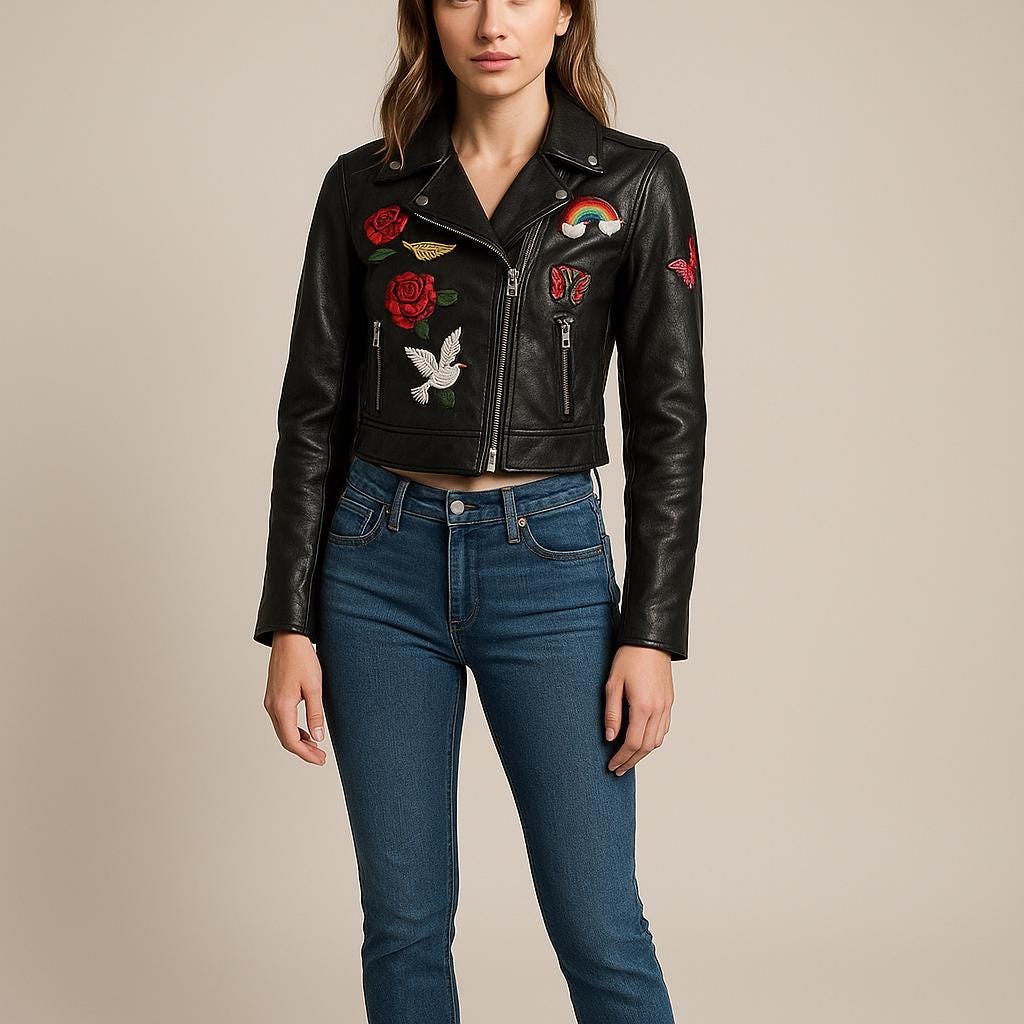 Customizable Womens Embroidered PatchesSheep Skin Leather Jacket Solid Pattern Autumn Biker Fashion Size 3XL