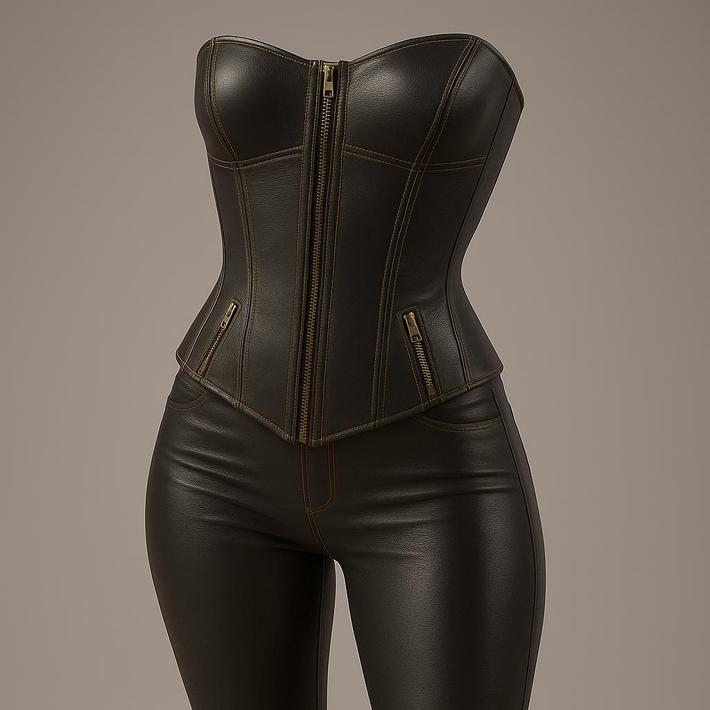 Genuine Leather Corset Top & Pants Set: Biker Gothic Steampunk Outfit
