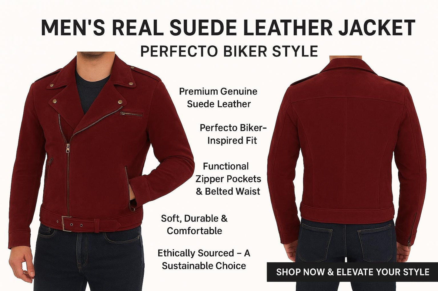 Maroon Suede Biker Jacket: Men's Perfecto Style Leather