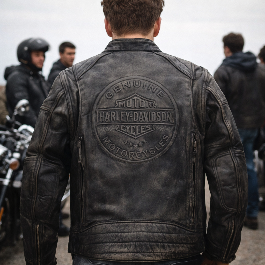 Genuine Cow Leather Embossed logo  Biker Jacket: Handmade Motorcycle Club Gear, Harley Davidson, Custom Sizing