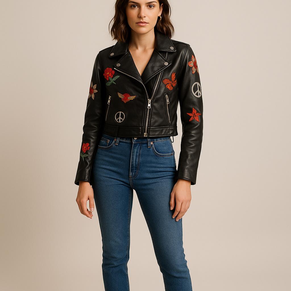 Customizable Womens Embroidered PatchesSheep Skin Leather Jacket Solid Pattern Autumn Biker Fashion Size 3XL