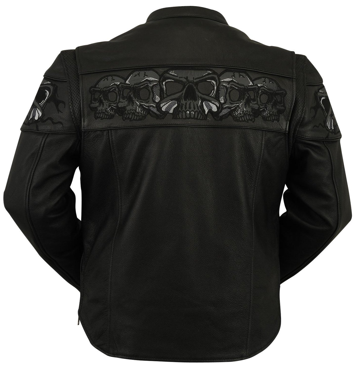 Leather Motorcycle Jacket: Reflective Skull Embroidery, Removable Liner
