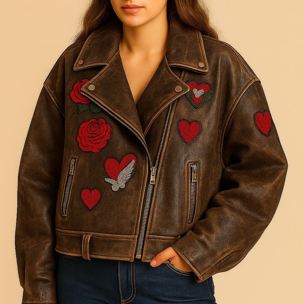 Oversized Distressed Customizable Womens Embroidered Patches Sheep Skin Leather Jacket Brown Solid Pattern Autumn Biker Fashion vintage 90's