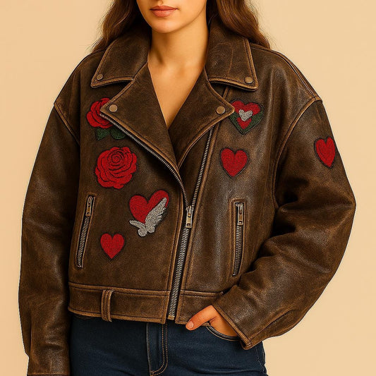 Oversized Distressed Customizable Womens Embroidered Patches Sheep Skin Leather Jacket Brown Solid Pattern Autumn Biker Fashion vintage 90's