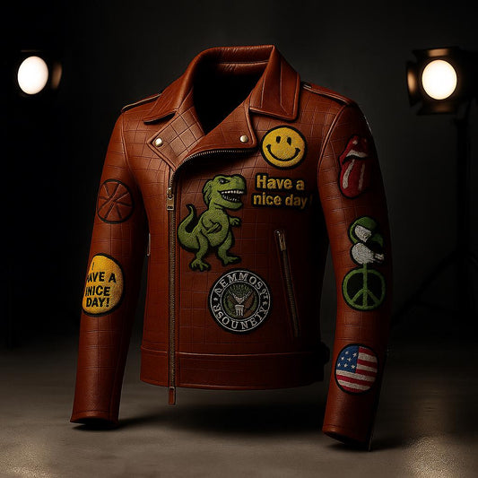 Retro 80’s Crocodile Embossed Real Leather Jacket – Handcrafted Biker Style with Embroidery Patches, Retro Streetwear, Custom Outerwear