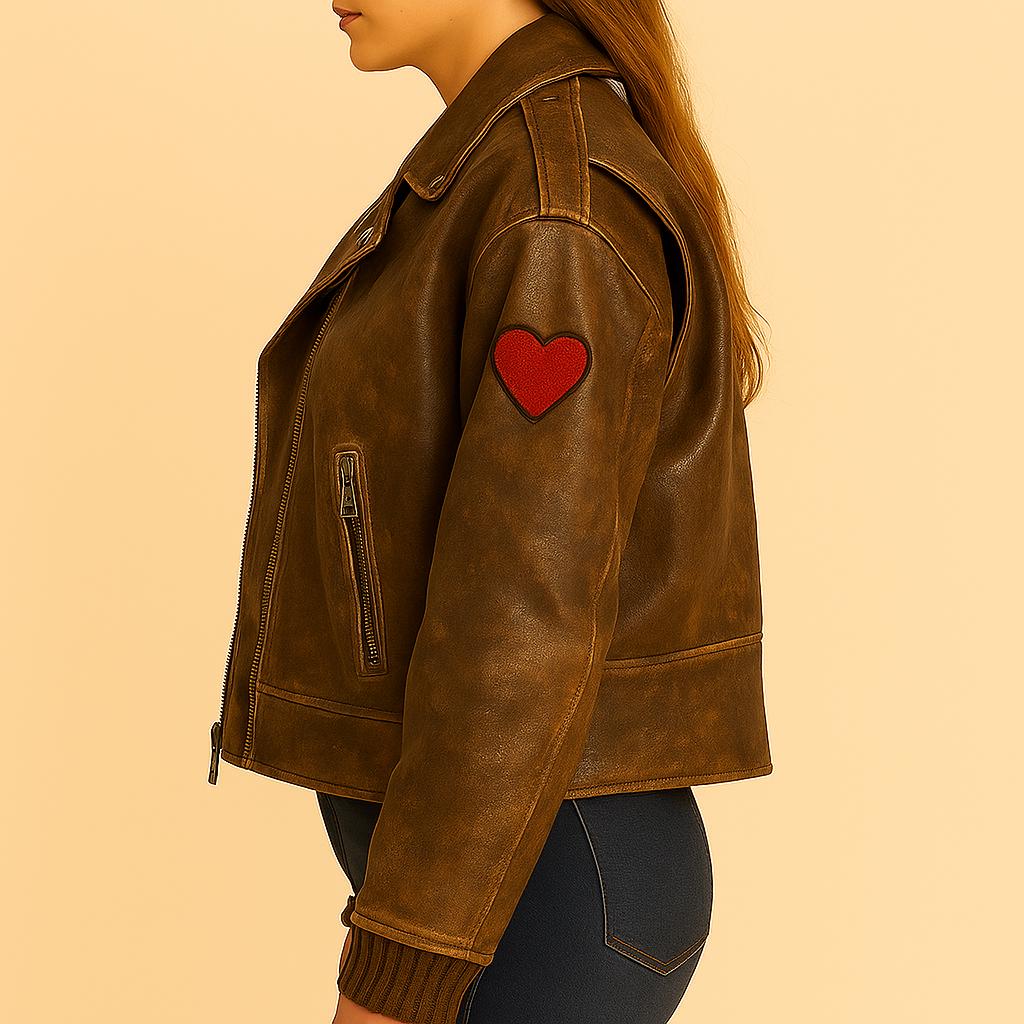 Oversized Distressed Customizable Womens Embroidered Patches Sheep Skin Leather Jacket Brown Solid Pattern Autumn Biker Fashion vintage 90's