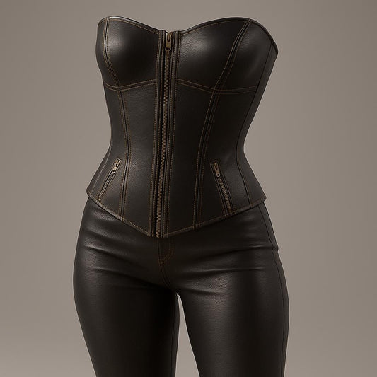 Genuine Leather Corset Top & Pants Set: Biker Gothic Steampunk Outfit