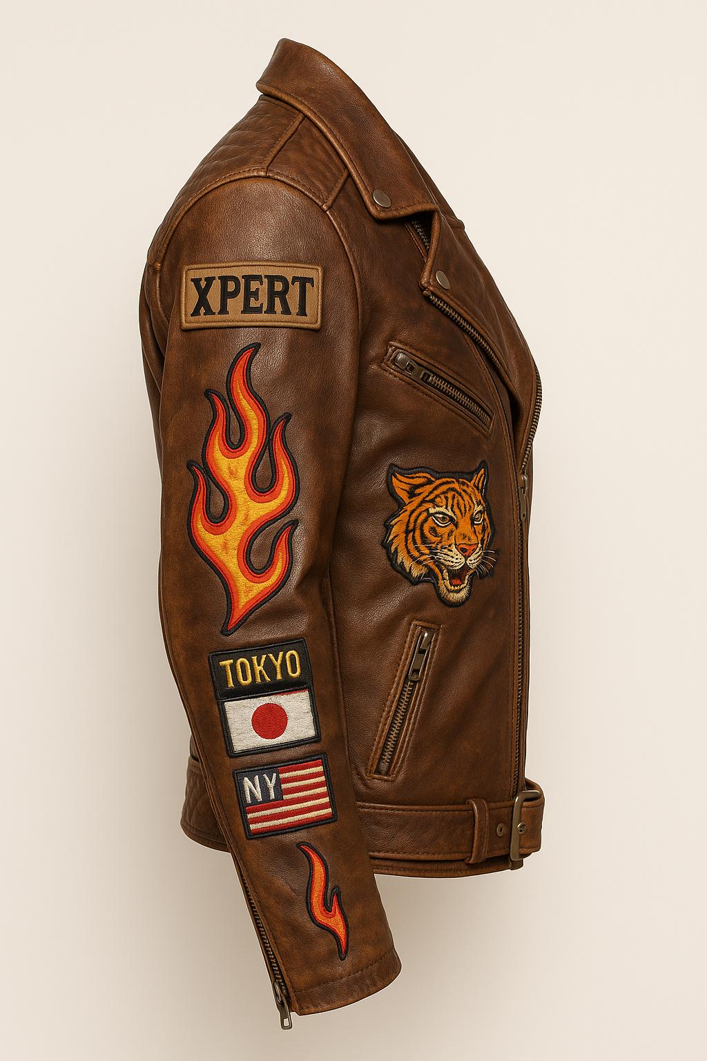 Retro Distressed Vintage Leather Biker Jacket with Embroidery patches: Gift for him Eco-Conscious Menswear Bikers Streetwear Fashion