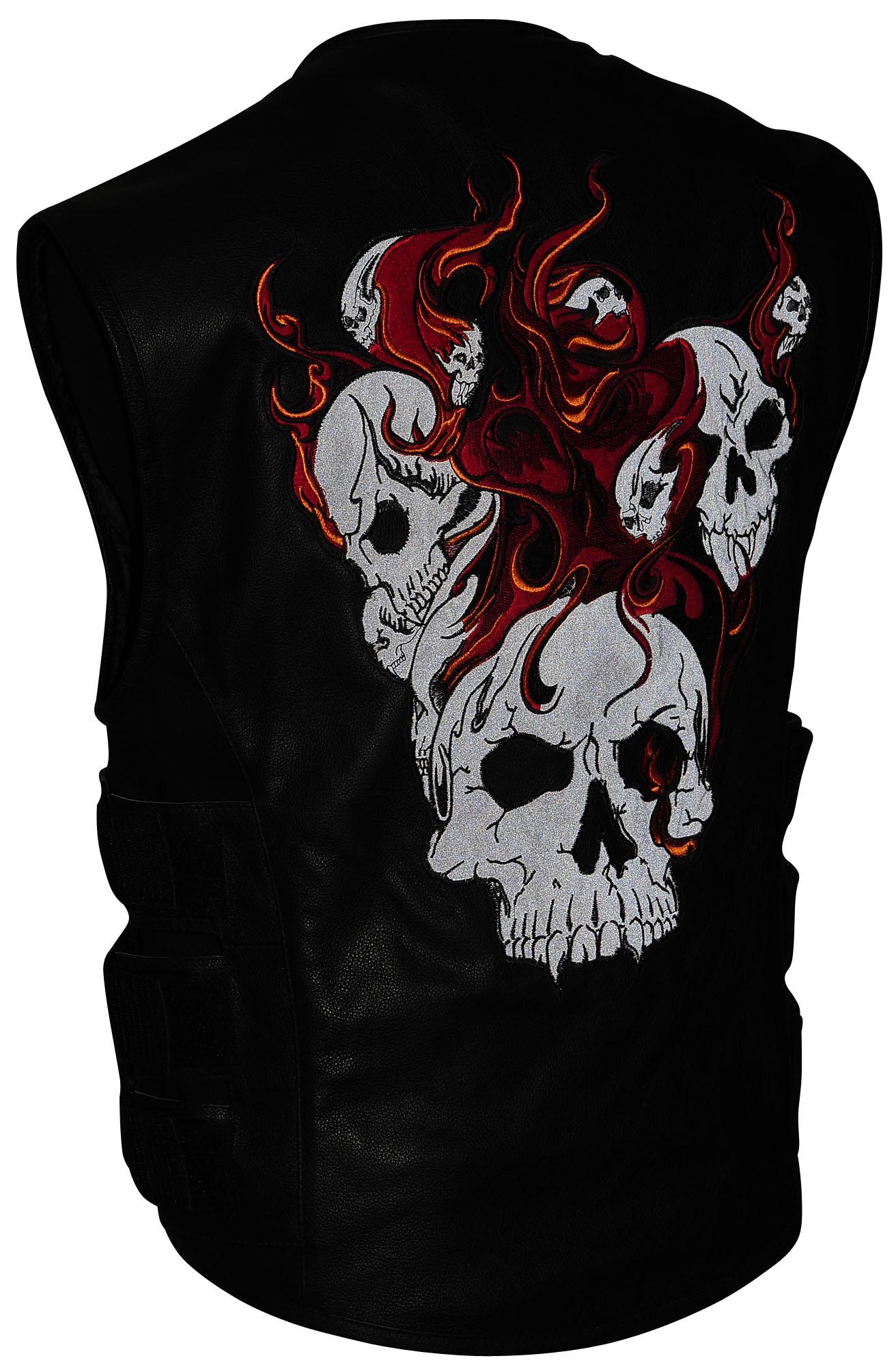 Reflective Skull Leather Vest,Day & Night Effect, Warm Liner – Embroidery, Removable Liner, Gun Pocket #Biker Jackets # Reflective