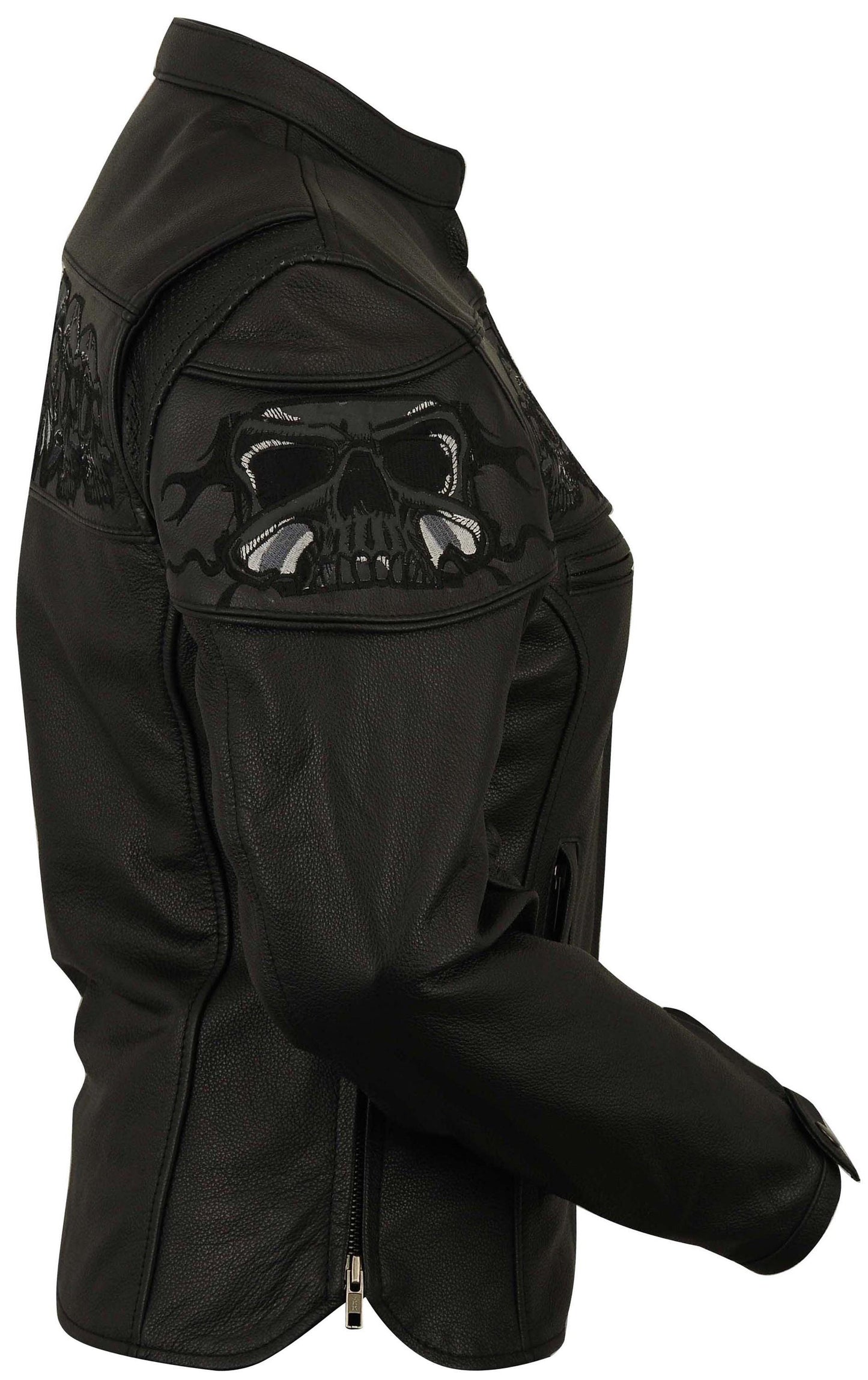 Reflective Skull Leather Jacket,Day & Night Effect, Warm Liner – Embroidery, Removable Liner, Gun Pocket #Biker Jackets # Reflective