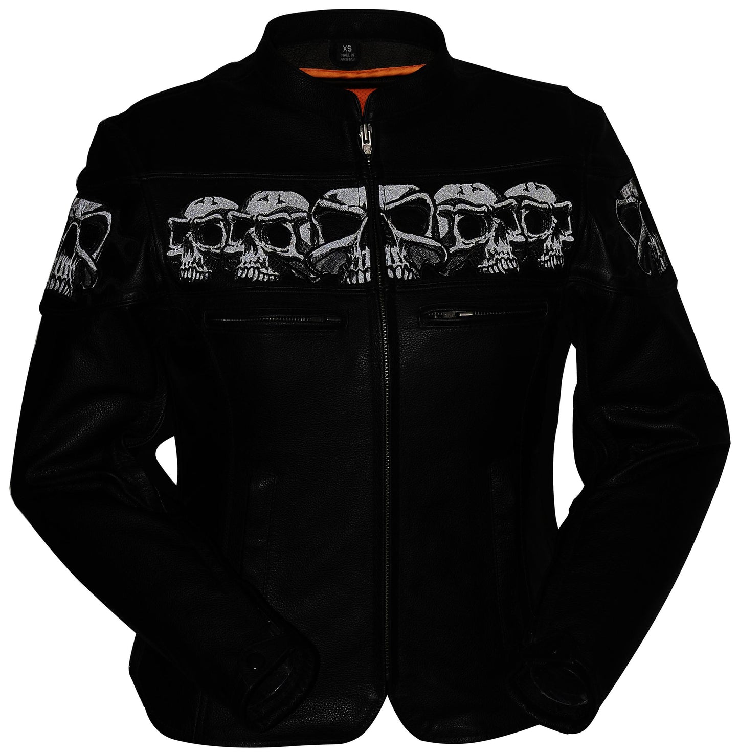Reflective Skull Leather Jacket,Day & Night Effect, Warm Liner – Embroidery, Removable Liner, Gun Pocket #Biker Jackets # Reflective