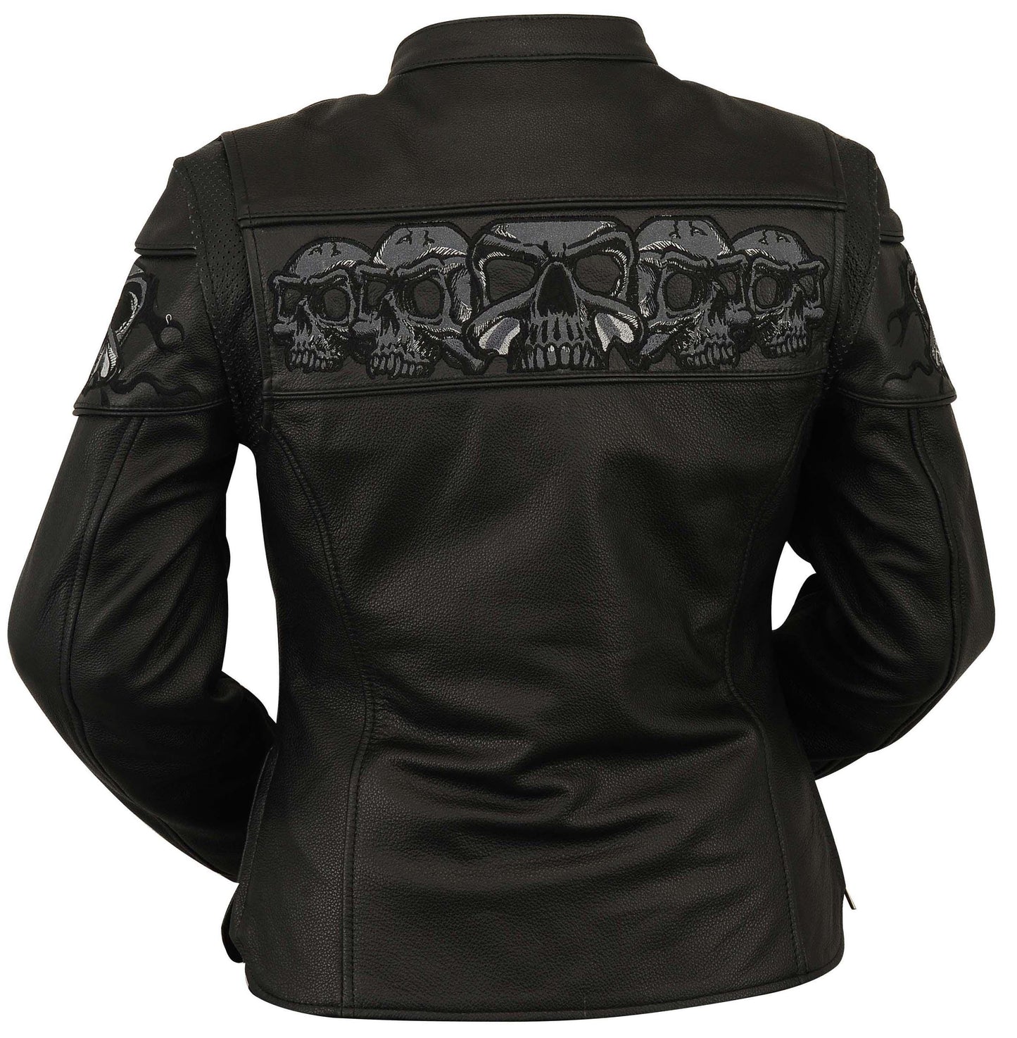Reflective Skull Leather Jacket,Day & Night Effect, Warm Liner – Embroidery, Removable Liner, Gun Pocket #Biker Jackets # Reflective