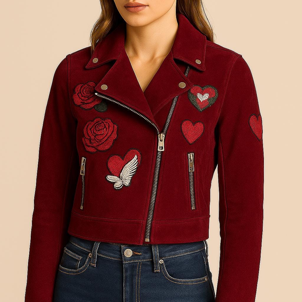 Customizable Womens Embroidered PatchesSheep Skin Leather Jacket Solid Pattern Autumn Biker Fashion Size 3XL