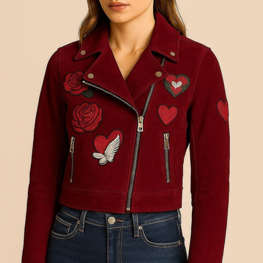 Customizable Womens Embroidered PatchesSheep Skin Leather Jacket Solid Pattern Autumn Biker Fashion Size 3XL