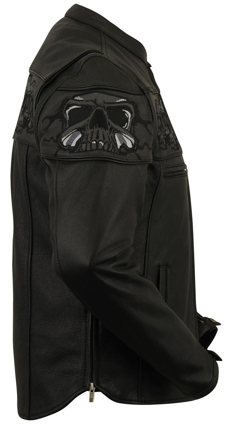 Leather Motorcycle Jacket: Reflective Skull Embroidery, Removable Liner