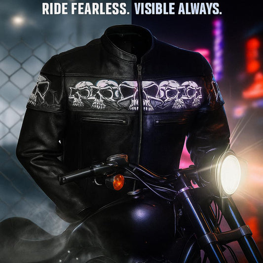 Leather Motorcycle Jacket: Reflective Skull Embroidery, Removable Liner