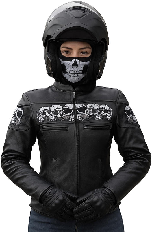 Reflective Skull Leather Jacket,Day & Night Effect, Warm Liner – Embroidery, Removable Liner, Gun Pocket #Biker Jackets # Reflective