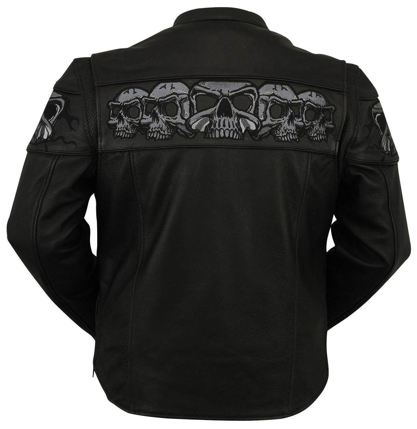 Leather Motorcycle Jacket: Reflective Skull Embroidery, Removable Liner