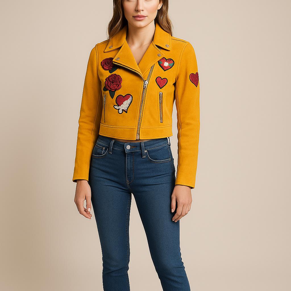 Customizable Womens Embroidered PatchesSheep Skin Leather Jacket Solid Pattern Autumn Biker Fashion Size 3XL
