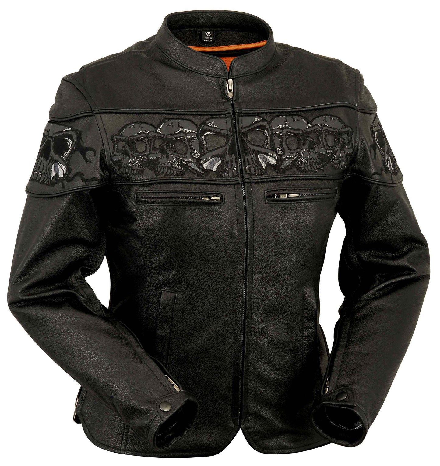 Reflective Skull Leather Jacket,Day & Night Effect, Warm Liner – Embroidery, Removable Liner, Gun Pocket #Biker Jackets # Reflective