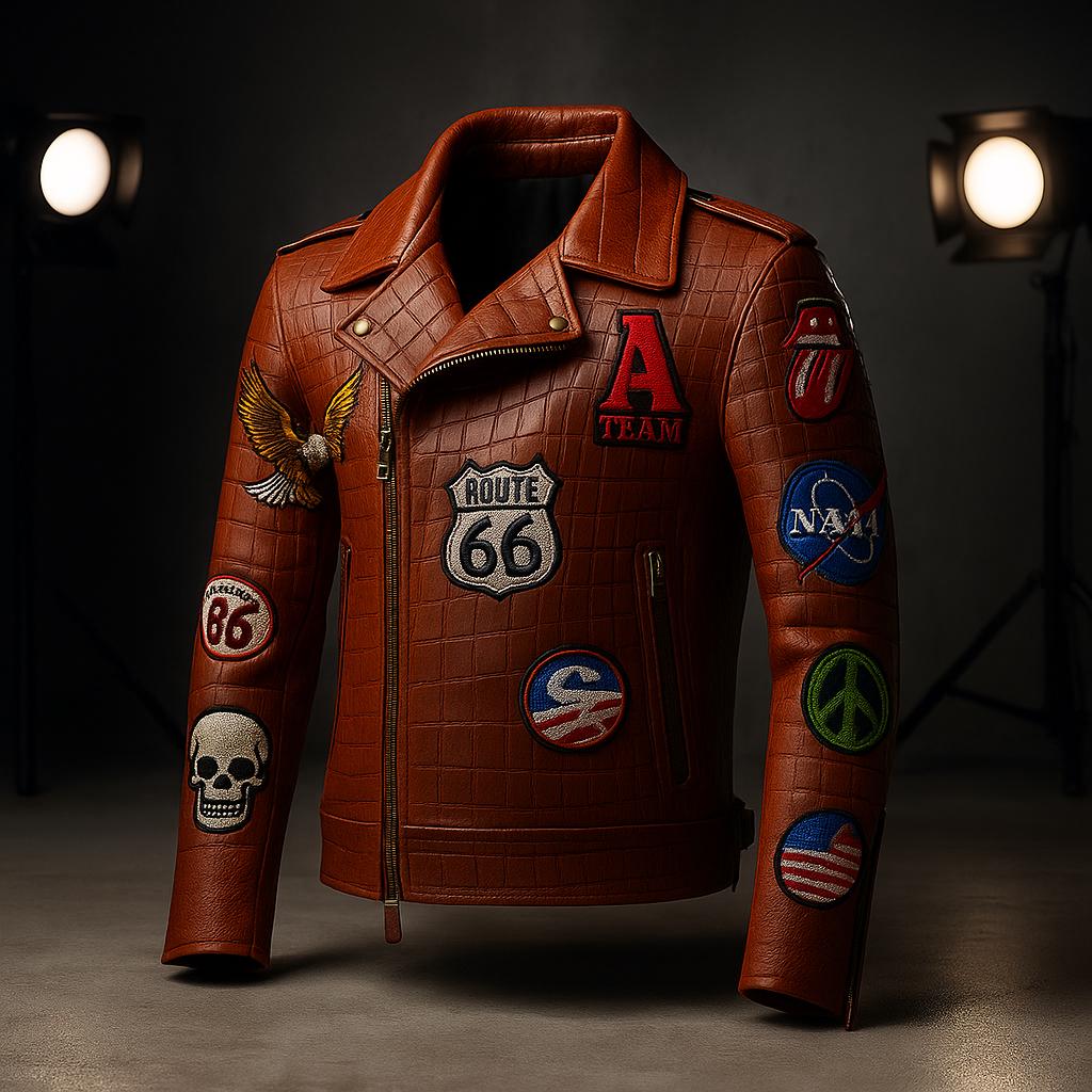 Retro 80’s Crocodile Embossed Real Leather Jacket – Handcrafted Biker Style with Embroidery Patches, Retro Streetwear, Custom Outerwear