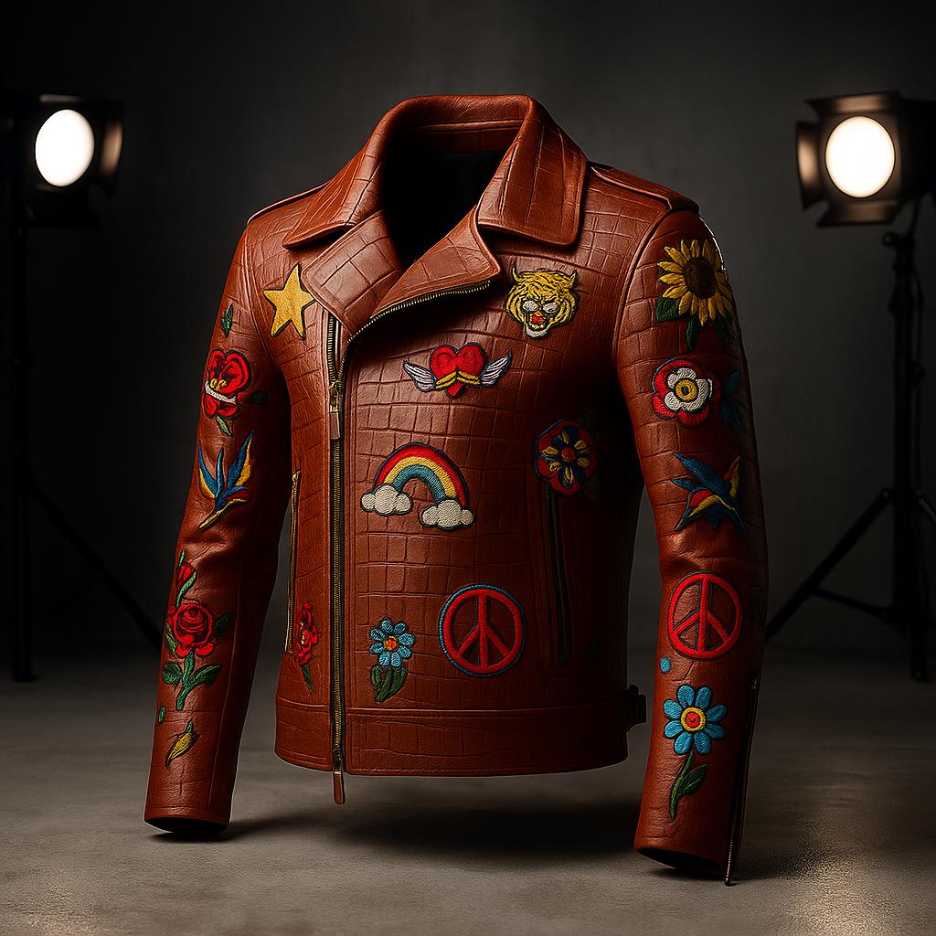 Retro 80’s Crocodile Embossed Real Leather Jacket – Handcrafted Biker Style with Embroidery Patches, Retro Streetwear, Custom Outerwear