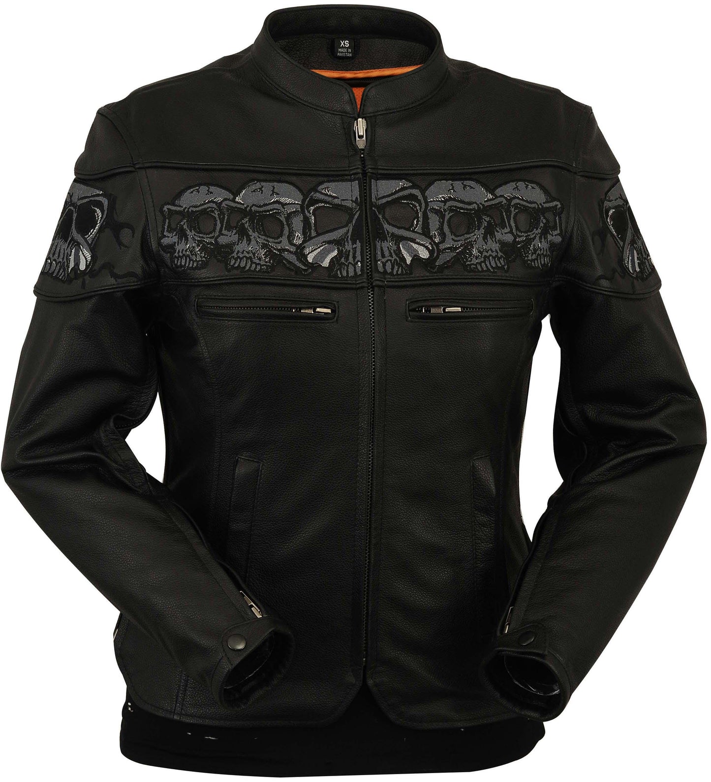 Reflective Skull Leather Jacket,Day & Night Effect, Warm Liner – Embroidery, Removable Liner, Gun Pocket #Biker Jackets # Reflective