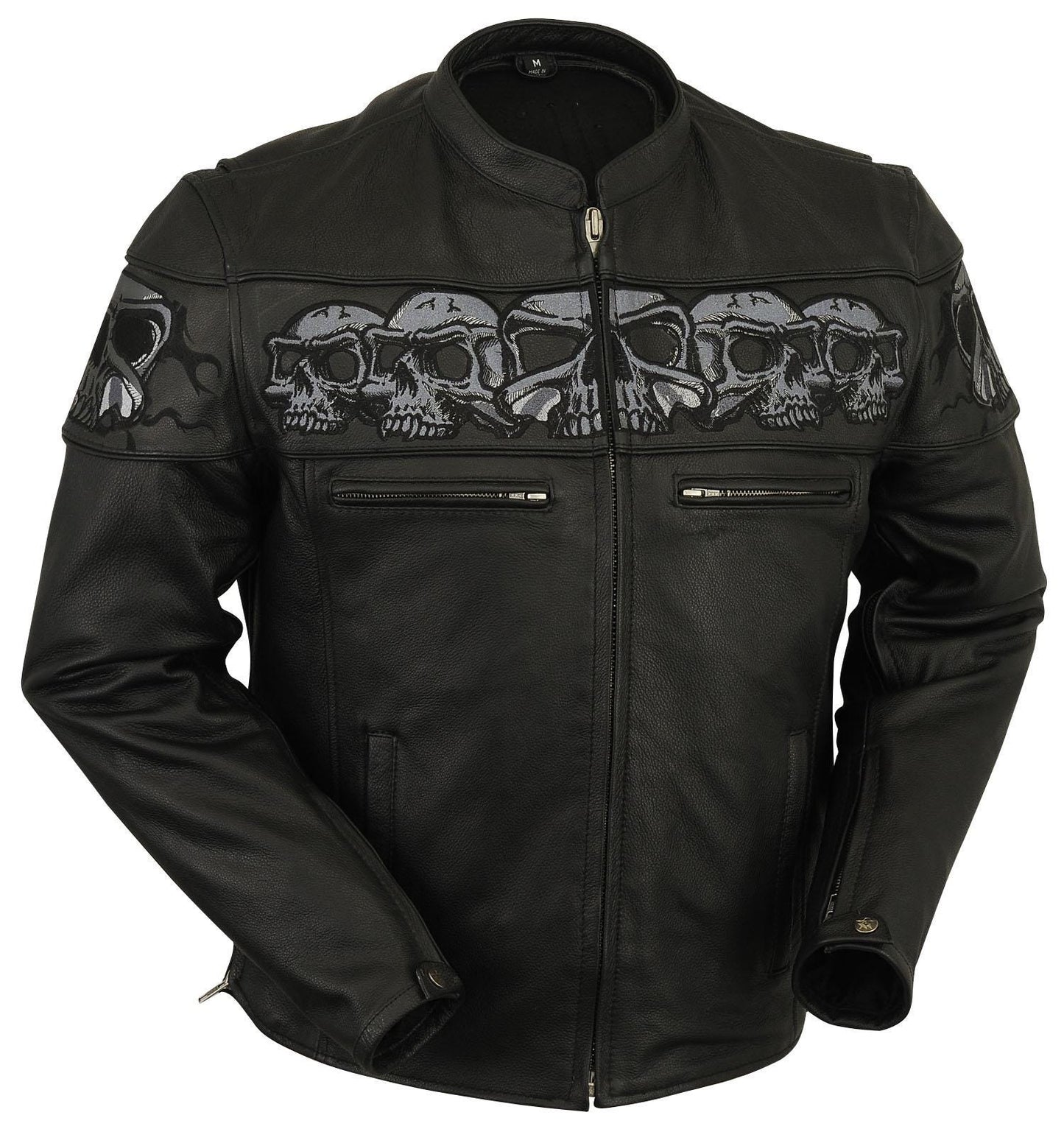 Leather Motorcycle Jacket: Reflective Skull Embroidery, Removable Liner
