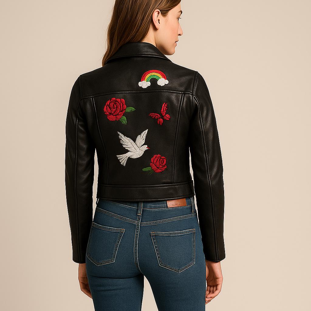 Customizable Womens Embroidered PatchesSheep Skin Leather Jacket Solid Pattern Autumn Biker Fashion Size 3XL