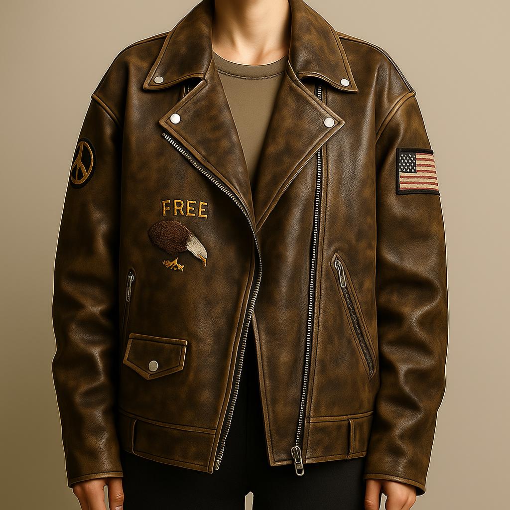 Retro Oversized Brown Distressed Customizable Womens Embroidered Patches Sheep Skin Leather Jacket Brown Biker Fashion vintage 90's