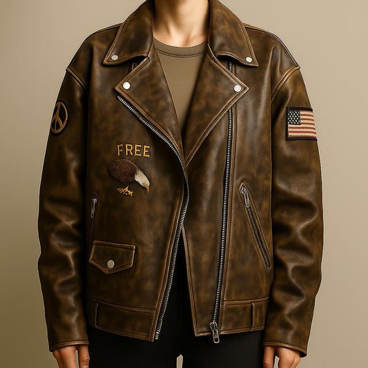 Retro Oversized Brown Distressed Customizable Womens Embroidered Patches Sheep Skin Leather Jacket Brown Biker Fashion vintage 90's