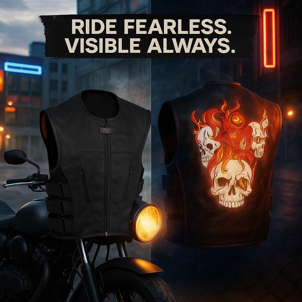 Reflective Skull Leather Vest,Day & Night Effect, Warm Liner – Embroidery, Removable Liner, Gun Pocket #Biker Jackets # Reflective