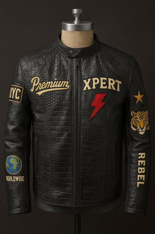 Vintage 80’s Crocodile Embossed Real Leather Jacket – Handcrafted Biker Style with Embroidery Patches, Retro Streetwear, Custom Outerwear