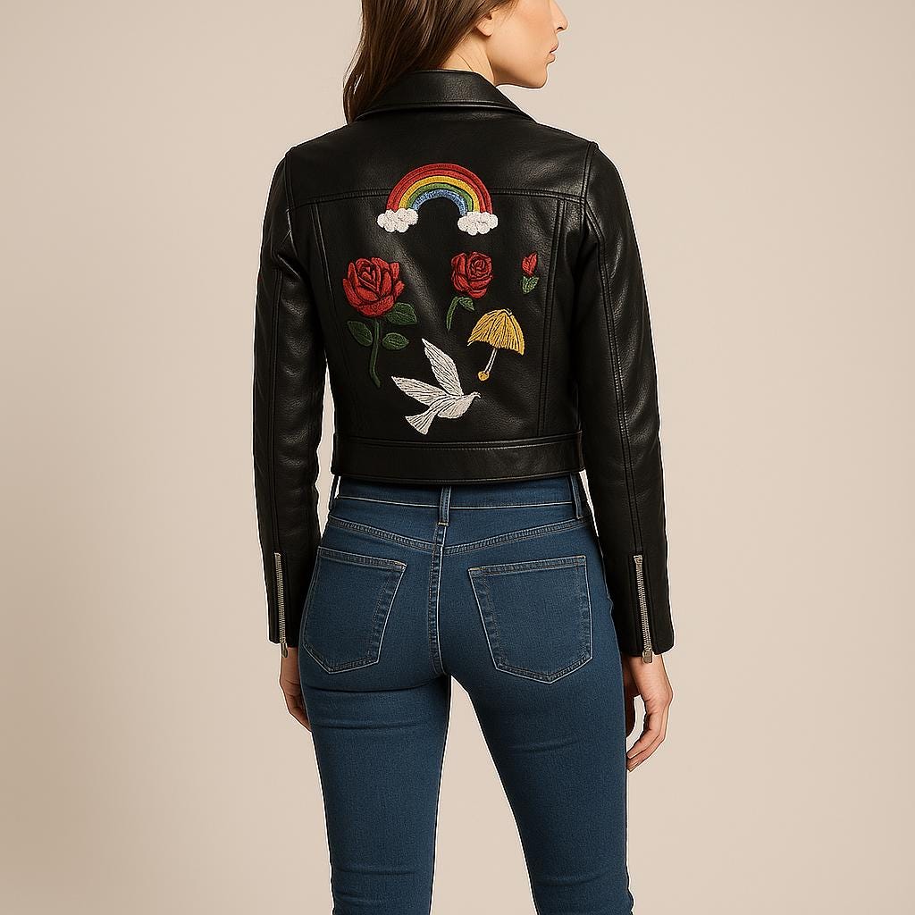 Customizable Womens Embroidered PatchesSheep Skin Leather Jacket Solid Pattern Autumn Biker Fashion Size 3XL