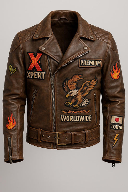Retro Distressed Vintage Leather Biker Jacket with Embroidery patches: Gift for him Eco-Conscious Menswear Bikers Streetwear Fashion