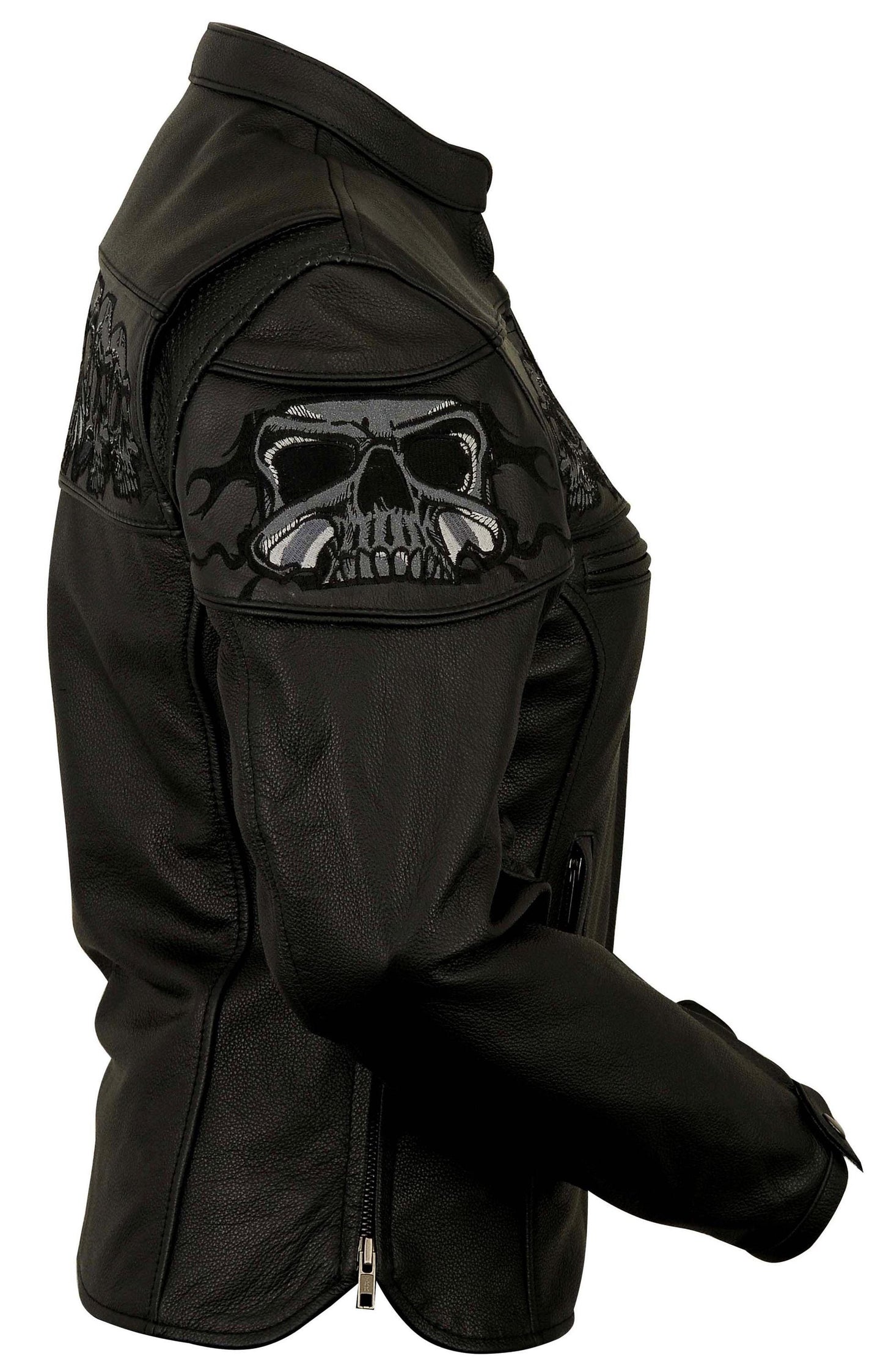 Reflective Skull Leather Jacket,Day & Night Effect, Warm Liner – Embroidery, Removable Liner, Gun Pocket #Biker Jackets # Reflective