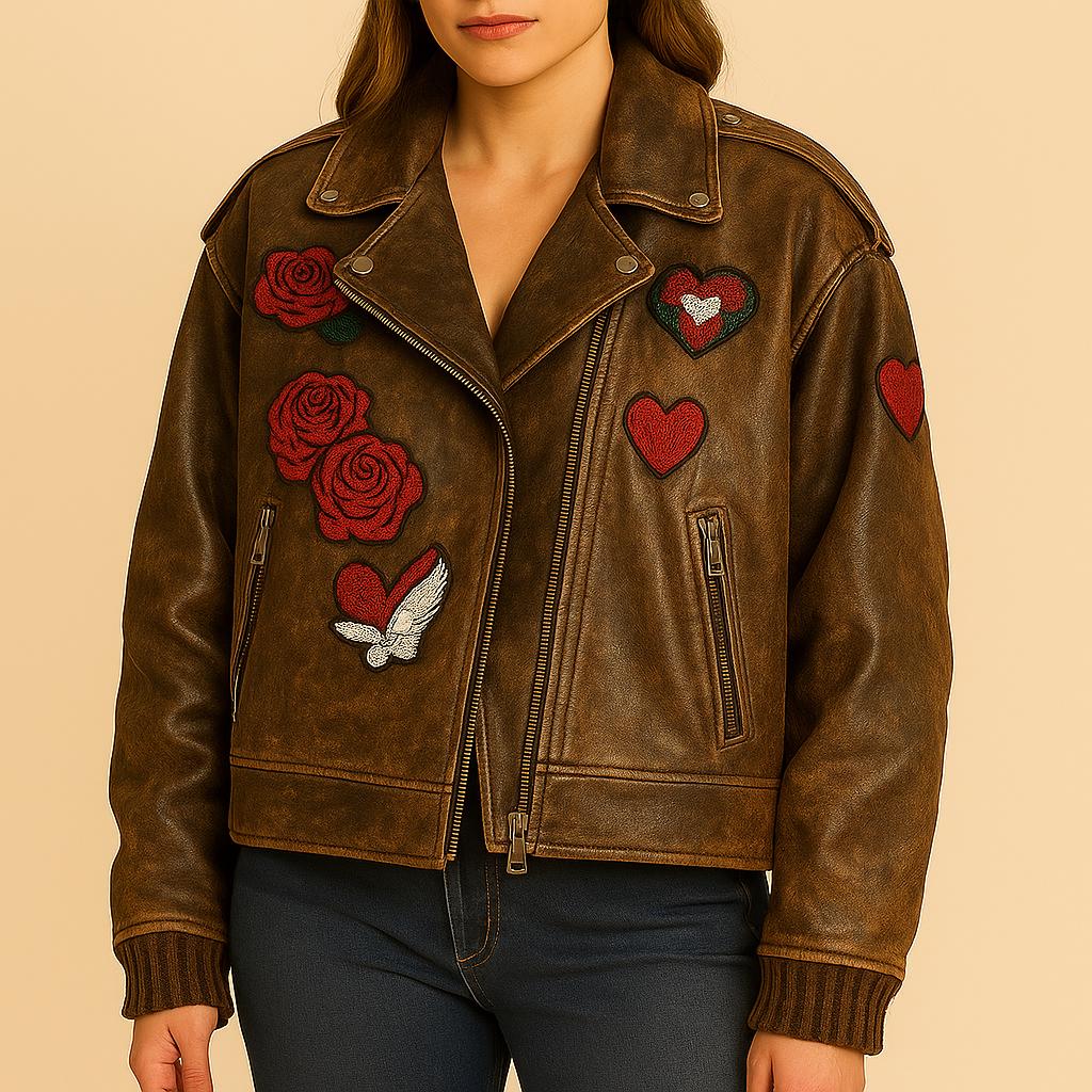 Oversized Distressed Customizable Womens Embroidered Patches Sheep Skin Leather Jacket Brown Solid Pattern Autumn Biker Fashion vintage 90's