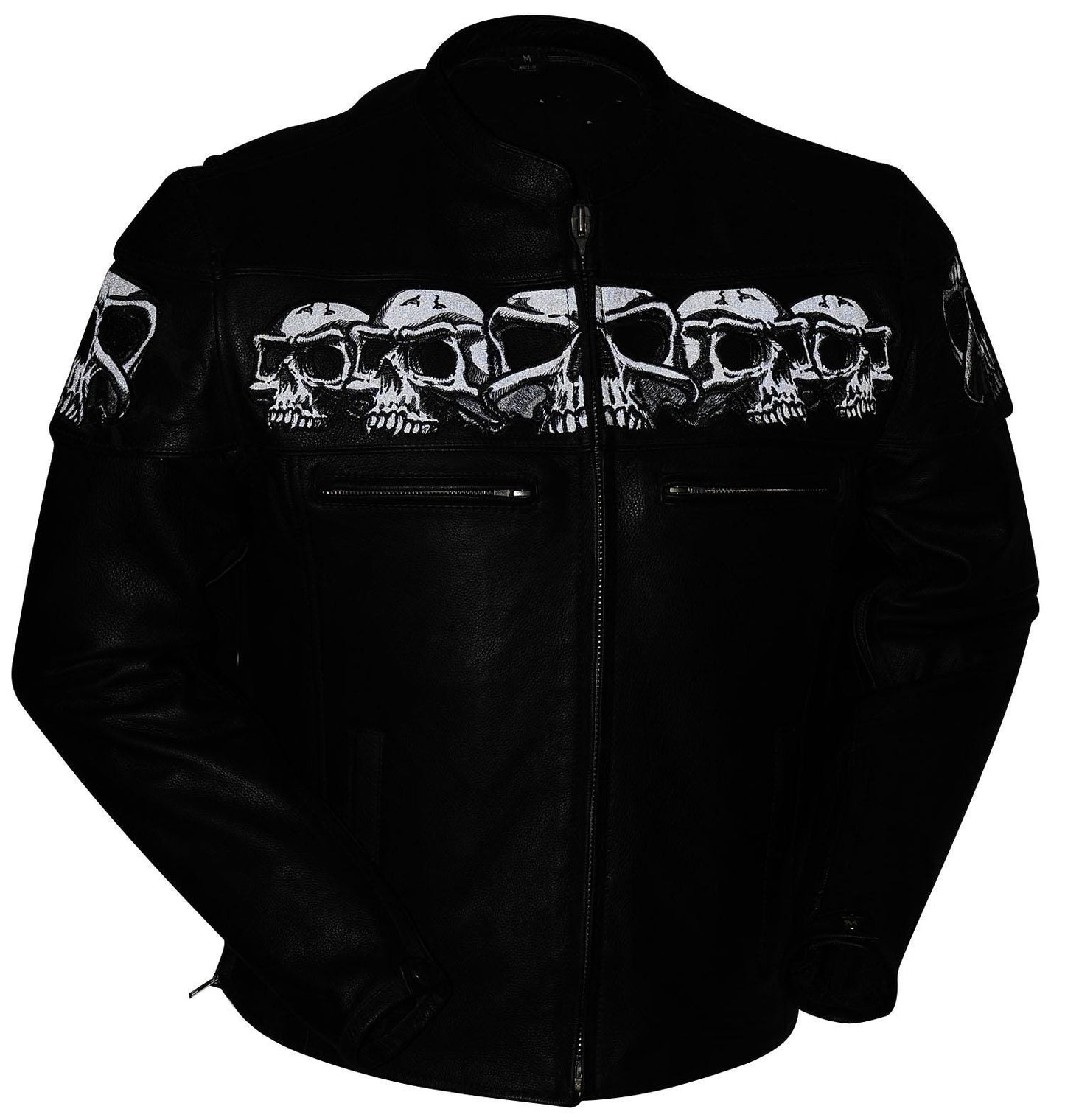 Leather Motorcycle Jacket: Reflective Skull Embroidery, Removable Liner