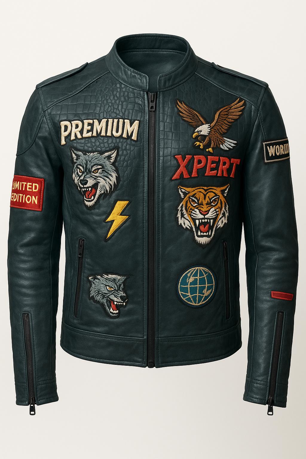 Retro 80’s Crocodile Embossed Real Leather Jacket – Handcrafted Biker Style with Embroidery Patches, Retro Streetwear, Custom Outerwear