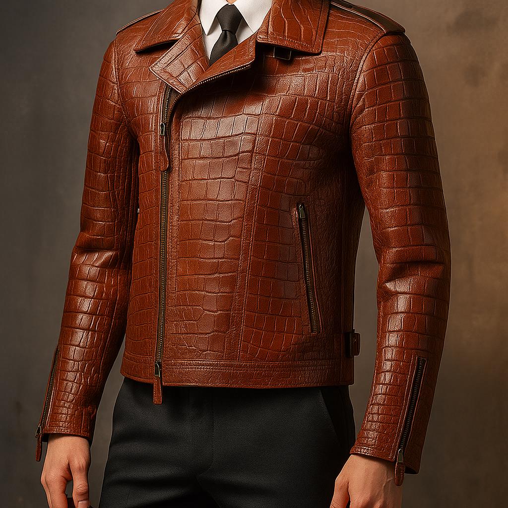 Men’s Crocodile Pattern Embossed Leather Jacket | Genuine Lambskin | Luxury Fashion Outerwear