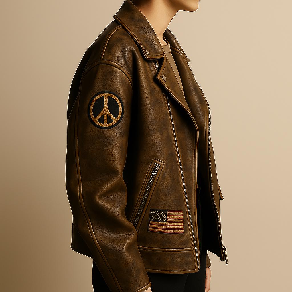 Retro Oversized Brown Distressed Customizable Womens Embroidered Patches Sheep Skin Leather Jacket Brown Biker Fashion vintage 90's