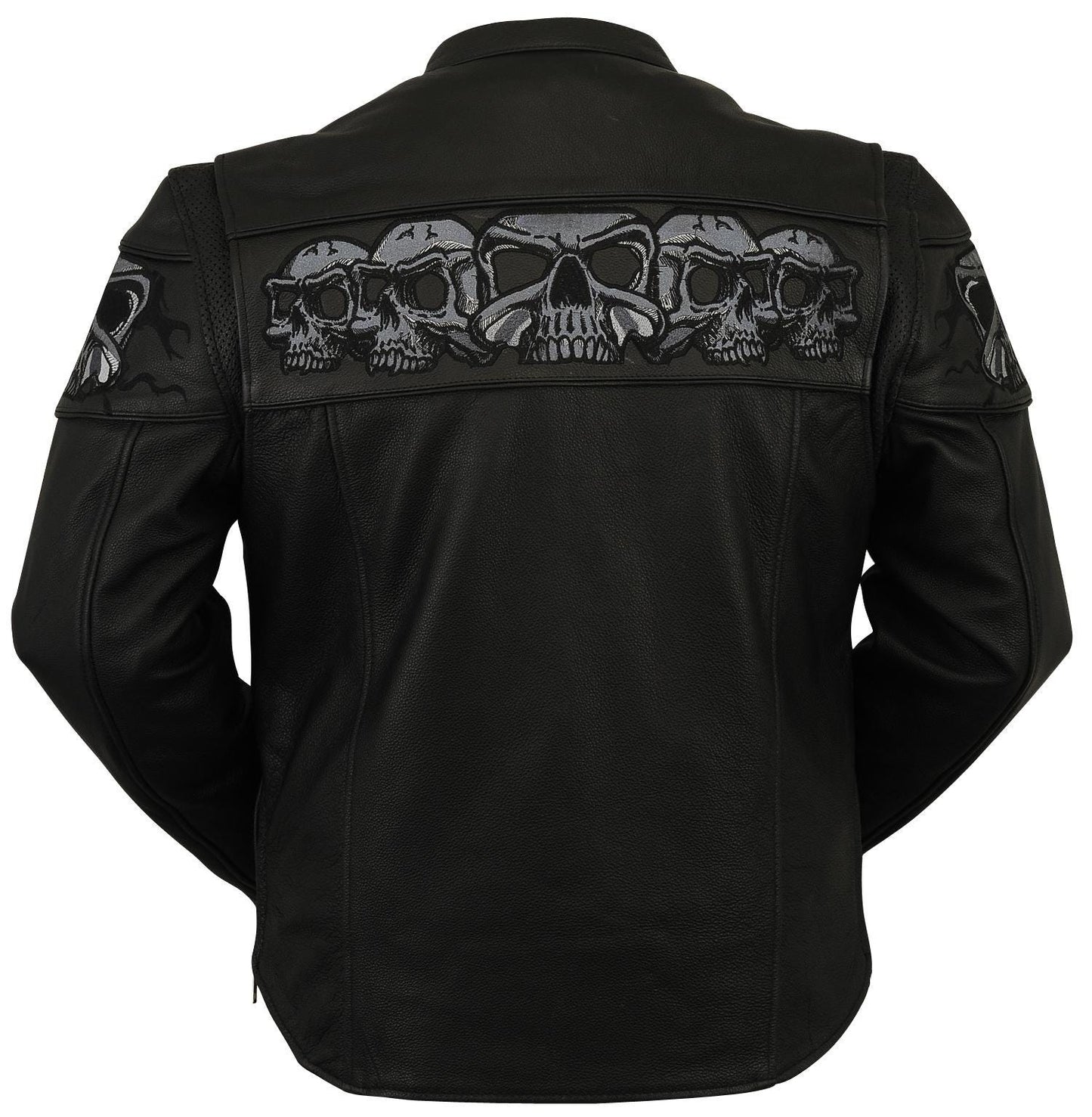 Leather Motorcycle Jacket: Reflective Skull Embroidery, Removable Liner